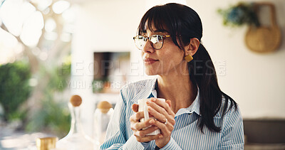 Buy stock photo Smile, woman and thinking with coffee by home to start day, peaceful morning and happy memory. Daydreaming, person and relax with beverage on patio for planning, reflection and ideas for inspiration