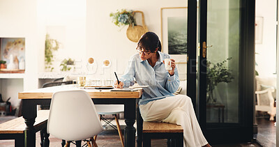 Buy stock photo Remote work from home, writing and woman with coffee, copywriting and ideas for article. Apartment, freelance writer and mature with herbal tea, caffeine and creativity with planning and schedule