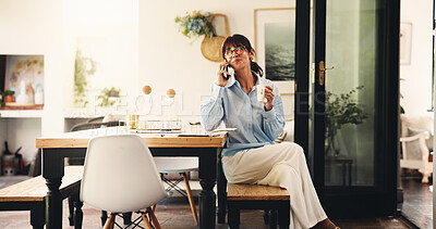 Buy stock photo Remote work, phone call and woman with conversation for schedule, networking and news source research. Freelancer, journalist and planning in home for article questions, information and communication