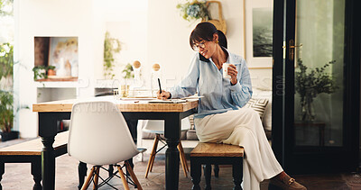 Buy stock photo Remote work, phone call and woman with writing for notes, networking and news source schedule. Freelancer, journalist and planning in home for article questions, information and communication