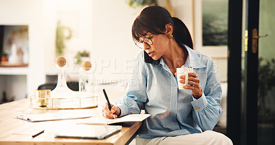 Buy stock photo Woman, coffee and phone call with notebook in home for writing notes, venue update and remote work. Freelancer, event planner and contact client with tea for vendor feedback, follow up and planning