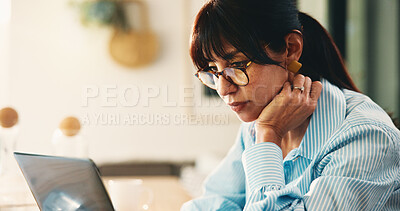 Buy stock photo Remote work from home, thinking and woman with laptop, copywriting and email for submission. Apartment, freelance writer or mature person with pc, internet or research for article proposal or network