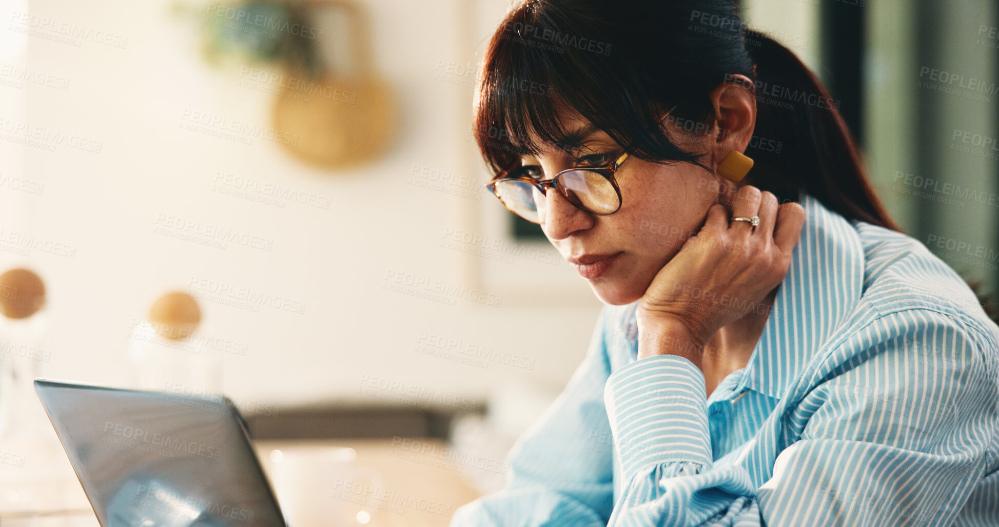 Buy stock photo Remote work from home, thinking and woman with laptop, copywriting and email for submission. Apartment, freelance writer or mature person with pc, internet or research for article proposal or network
