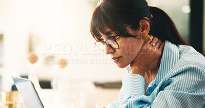 Buy stock photo Remote work from home, decision and woman with laptop, creativity and email for submission. Online reading, freelance writer or mature person with pc, connection and research for  manuscript proposal