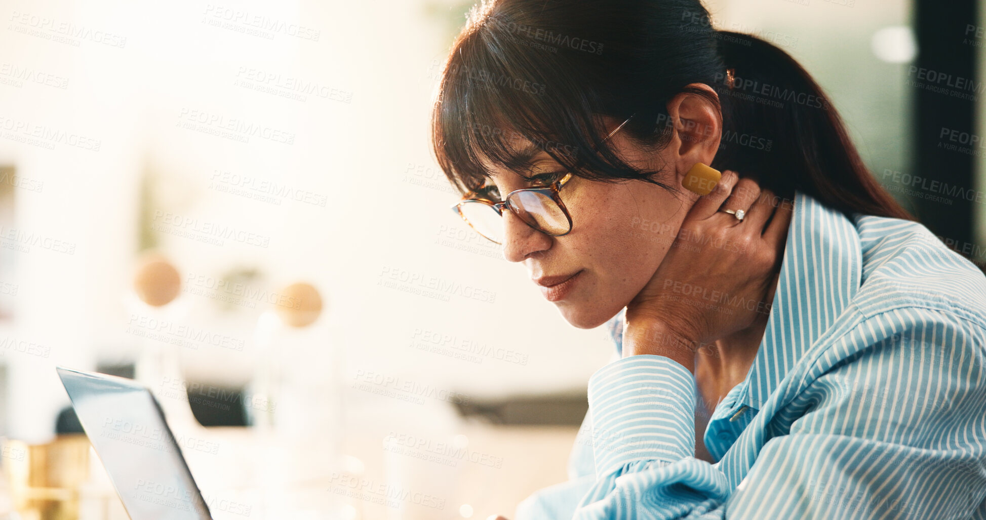 Buy stock photo Remote work from home, decision and woman with laptop, creativity and email for submission. Online reading, freelance writer or mature person with pc, connection and research for  manuscript proposal