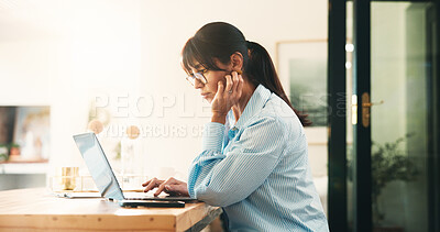 Buy stock photo Remote work from home, choice and woman with laptop, publication and email for article review. Copywriting, freelance writer and mature person with pc, ideas or research for proposal and submission