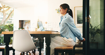 Buy stock photo Woman, stretching and  back pain with laptop for remote work from home office, fatigue or deadline. Mature person, freelance writer and tired with injury, bad posture or computer for project in house