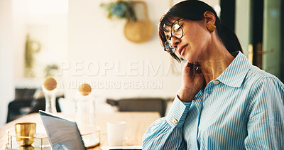 Buy stock photo Woman, neck pain and laptop with stress for pressure, fatigue or strain in home. Mature person, freelancer and remote work with injury or muscle tension, overworked or project deadline in house
