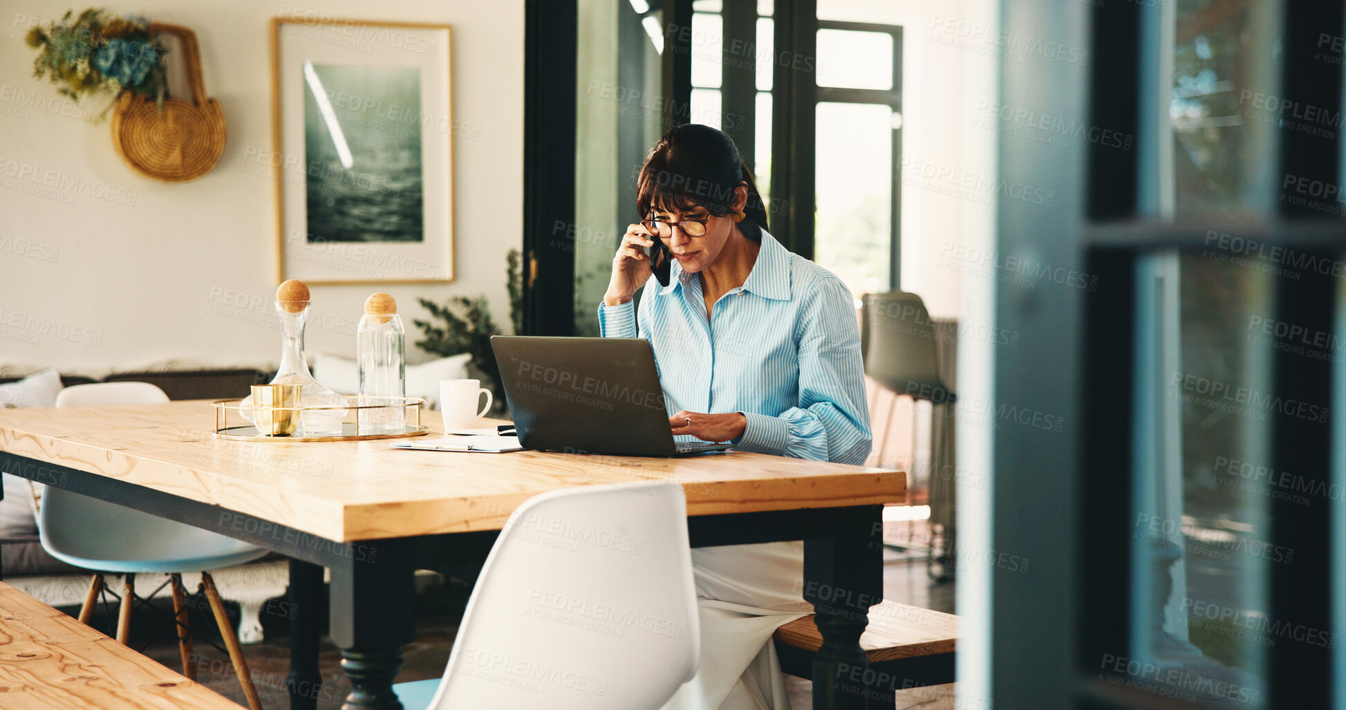 Buy stock photo Remote work, phone call and woman with laptop for schedule, networking and news source research. Freelancer, journalist and planning in home for article questions, information or feedback for website