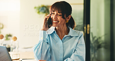 Buy stock photo Laptop, mature woman and phone call in home for client feedback, venue booking and remote work. Freelancer, event planner and contact supplier for vendor negotiation, planning process and discussion