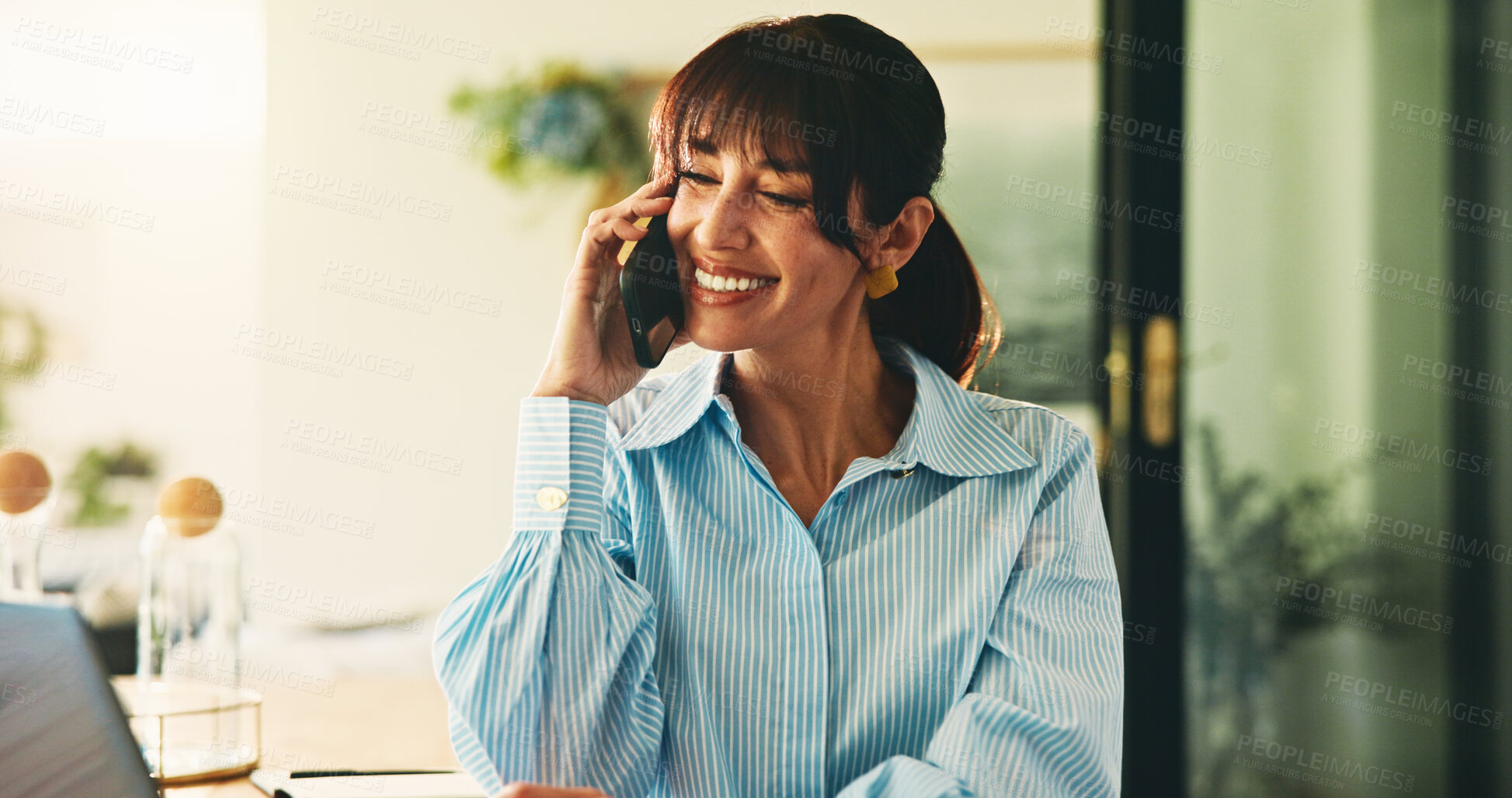 Buy stock photo Laptop, mature woman and phone call in home for client feedback, venue booking and remote work. Freelancer, event planner and contact supplier for vendor negotiation, planning process and discussion