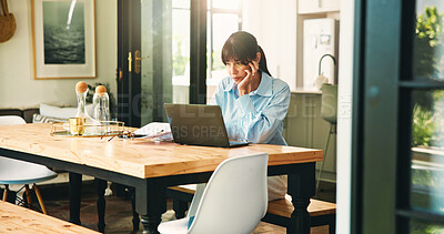 Buy stock photo Remote work, laptop and woman with research for schedule, networking or news source with website. Freelancer, mature journalist or planning in home for article questions, information or communication