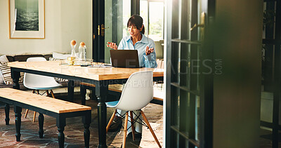 Buy stock photo Woman, happy and video call with laptop, remote work and discussion with feedback for project management. Mature person, writer and smile with pc, virtual meeting and review for freelance job in home