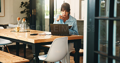 Buy stock photo Remote work, laptop and woman with research for notes, networking and news source schedule. Freelancer, journalist and planning in home for article questions, information and feedback for website