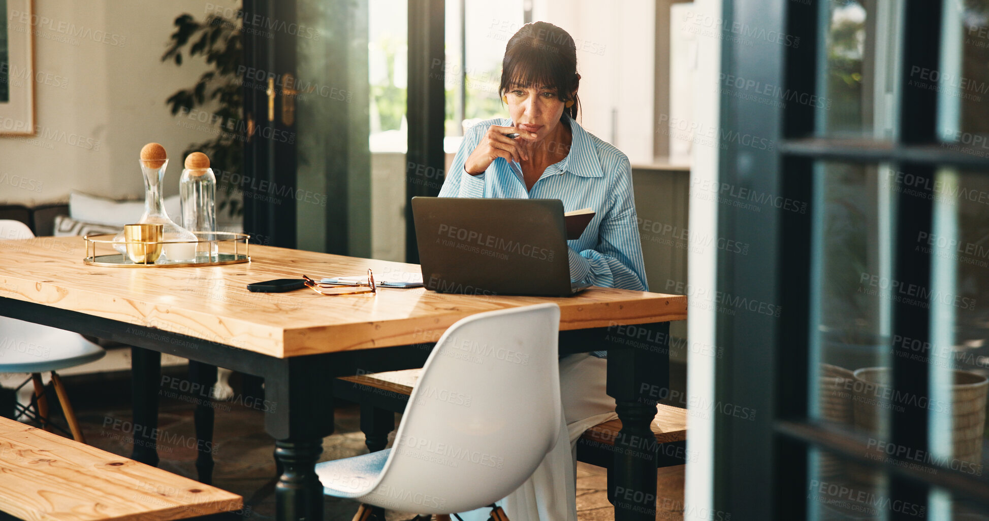 Buy stock photo Remote work, laptop and woman with research for notes, networking and news source schedule. Freelancer, journalist and planning in home for article questions, information and feedback for website