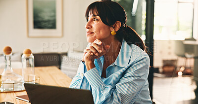 Buy stock photo Thinking, writer and woman with smile, home or inspiration for article, daydreaming and remote work. Reporter, reflection and mature person with laptop for freelance project, happy and ideas in house