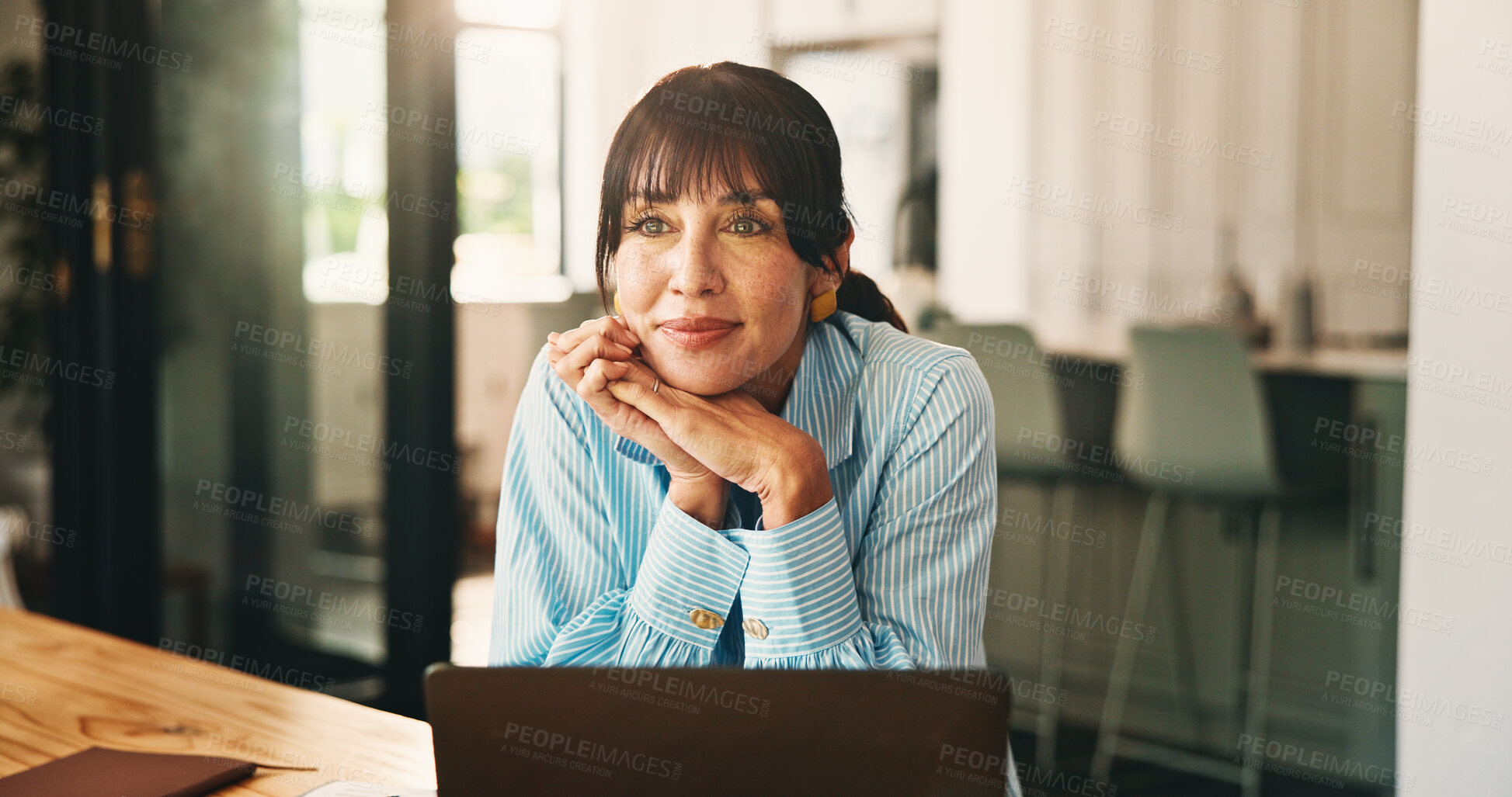 Buy stock photo Daydreaming, writer and woman with laptop, home or inspiration for article, remote work and creative. Thinking, journalist and mature person with ideas for freelance project, happy and reflection