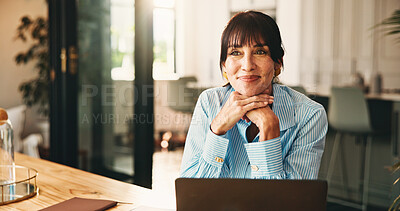 Buy stock photo Laptop, idea and happy woman in home office for remote work, thinking or ebook inspiration. Computer, freelancer and mature author planning story, manuscript solution and vision for publication