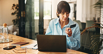 Buy stock photo Woman, virtual assistant and credit card with laptop in home, remote work and payment for booking. Mature person, ecommerce and online banking with fintech, bills and easy transaction at apartment