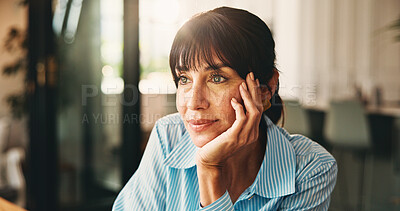 Buy stock photo Daydreaming, writer and woman in home, creative and inspiration for article, thinking or remote work. Happy, journalist and mature person with ideas for freelance project, reflection and planning