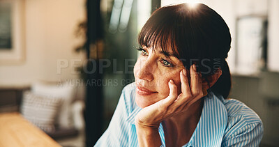 Buy stock photo Home, creative and woman with smile, daydreaming and inspiration for article, writer and remote work. Thinking, journalist and mature person with ideas for freelance project, happy and reflection