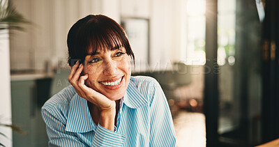 Buy stock photo Happy, creative and woman in home, daydreaming and inspiration for article, planning and remote work. Thinking, journalist and mature person with ideas for freelance project, smile and reflection