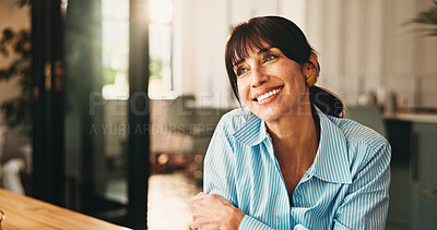 Buy stock photo Daydreaming, writer and woman with ideas, home and inspiration for article, remote work and creative. Thinking, journalist and mature person with smile for freelance project, happy and reflection