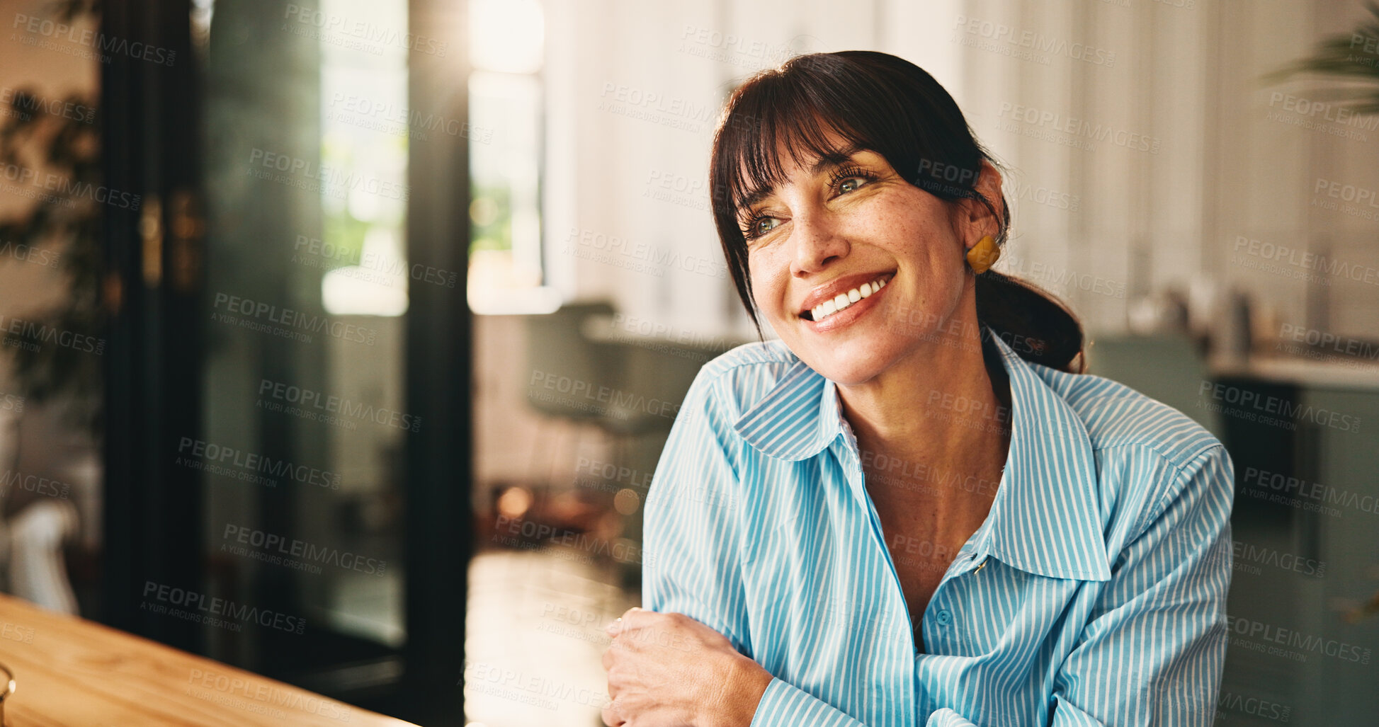 Buy stock photo Daydreaming, writer and woman with ideas, home and inspiration for article, remote work and creative. Thinking, journalist and mature person with smile for freelance project, happy and reflection