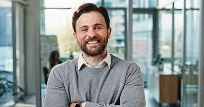 Buy stock photo Crossed arms, portrait and business man in office with confidence, pride and smile for finance job. Professional, corporate and worker for about us, financial consultant and happy for career growth