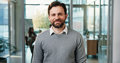 Buy stock photo Corporate, portrait and business man in office with confidence, pride and smile for finance job. Professional, happy and worker for about us, financial consultant and ambition for career growth