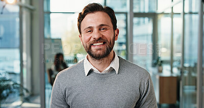 Buy stock photo Smile, professional and portrait of business man in office for about us, confidence and brand manager. Happiness, pride and campaign opportunity with person in marketing agency for creative startup