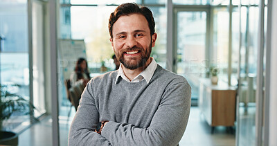 Buy stock photo Corporate, portrait and happy businessman in office with confidence, pride and finance job. Professional, crossed arms and worker for about us, financial consultant and smile for career growth