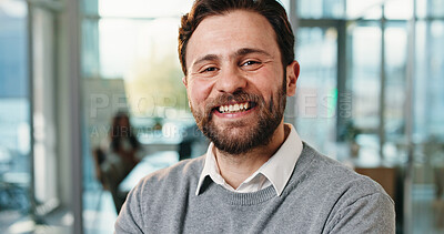 Buy stock photo Pride, smile and portrait of business man in office for about us, confidence and brand manager. Happiness, professional and campaign opportunity with person in marketing agency for creative startup
