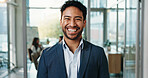 Laugh, portrait and business man in office with confidence, pride and smile for finance job. Professional, corporate and worker for about us, financial consultant and funny joke for career growth