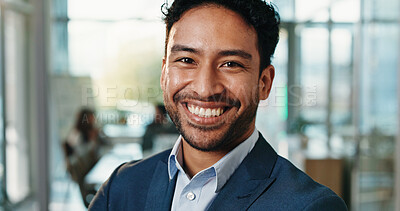 Buy stock photo Pride, happy and portrait of business man in office for about us, confidence and brand manager. Professional, smile and campaign opportunity with person in marketing agency for creative startup