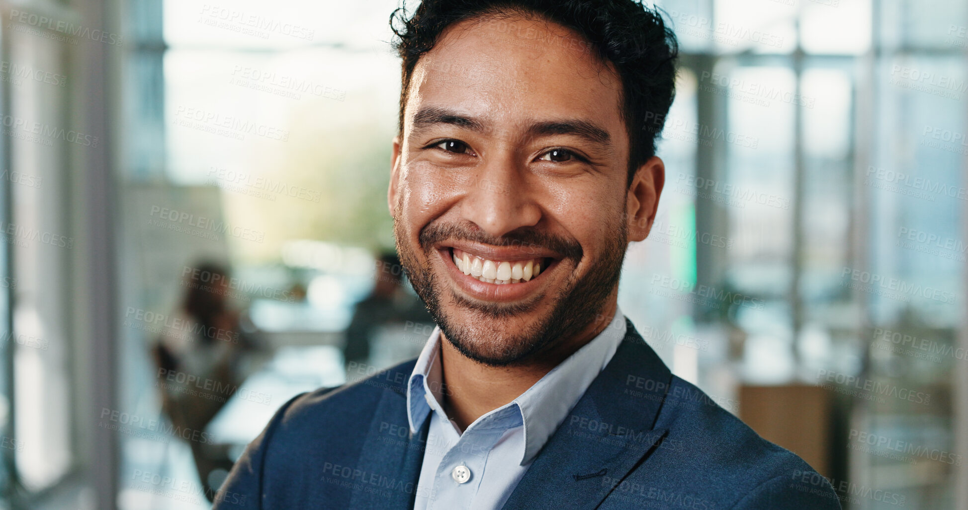 Buy stock photo Pride, happy and portrait of business man in office for about us, confidence and brand manager. Professional, smile and campaign opportunity with person in marketing agency for creative startup