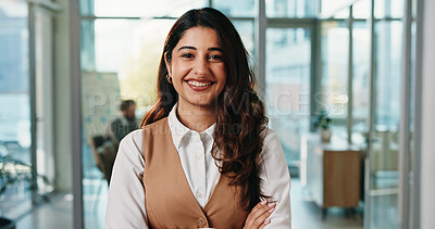 Buy stock photo Arms crossed, happy and portrait of business woman in office for about us, confidence and brand manager. Professional, smile and campaign opportunity with person in marketing agency for startup