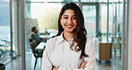 Corporate, portrait and business woman in office with confidence, pride and smile for finance job. Professional, crossed arms and worker for about us, financial consultant and happy for career growth