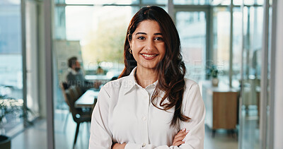 Buy stock photo Corporate, portrait and business woman in office with confidence, pride and smile for finance job. Professional, crossed arms and worker for about us, financial consultant and happy for career growth