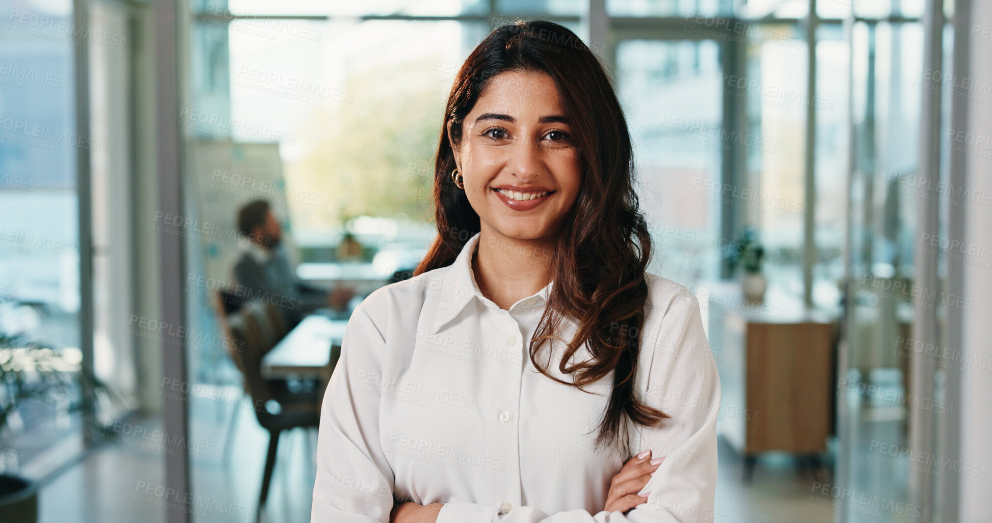 Buy stock photo Corporate, portrait and business woman in office with confidence, pride and smile for finance job. Professional, crossed arms and worker for about us, financial consultant and happy for career growth