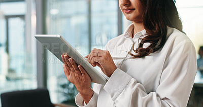 Buy stock photo Hands, business woman and writing on tablet for funding request approval, digital sign or compliance. Budget analyst, technology and stylus in office for contract agreement and signature confirmation