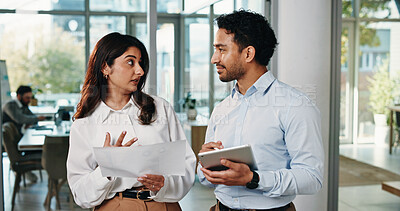 Buy stock photo Business, people and document with tablet in office for planning, finance report and budget review. Team, talk and digital with financial paperwork, payroll procedure and feedback of investment offer