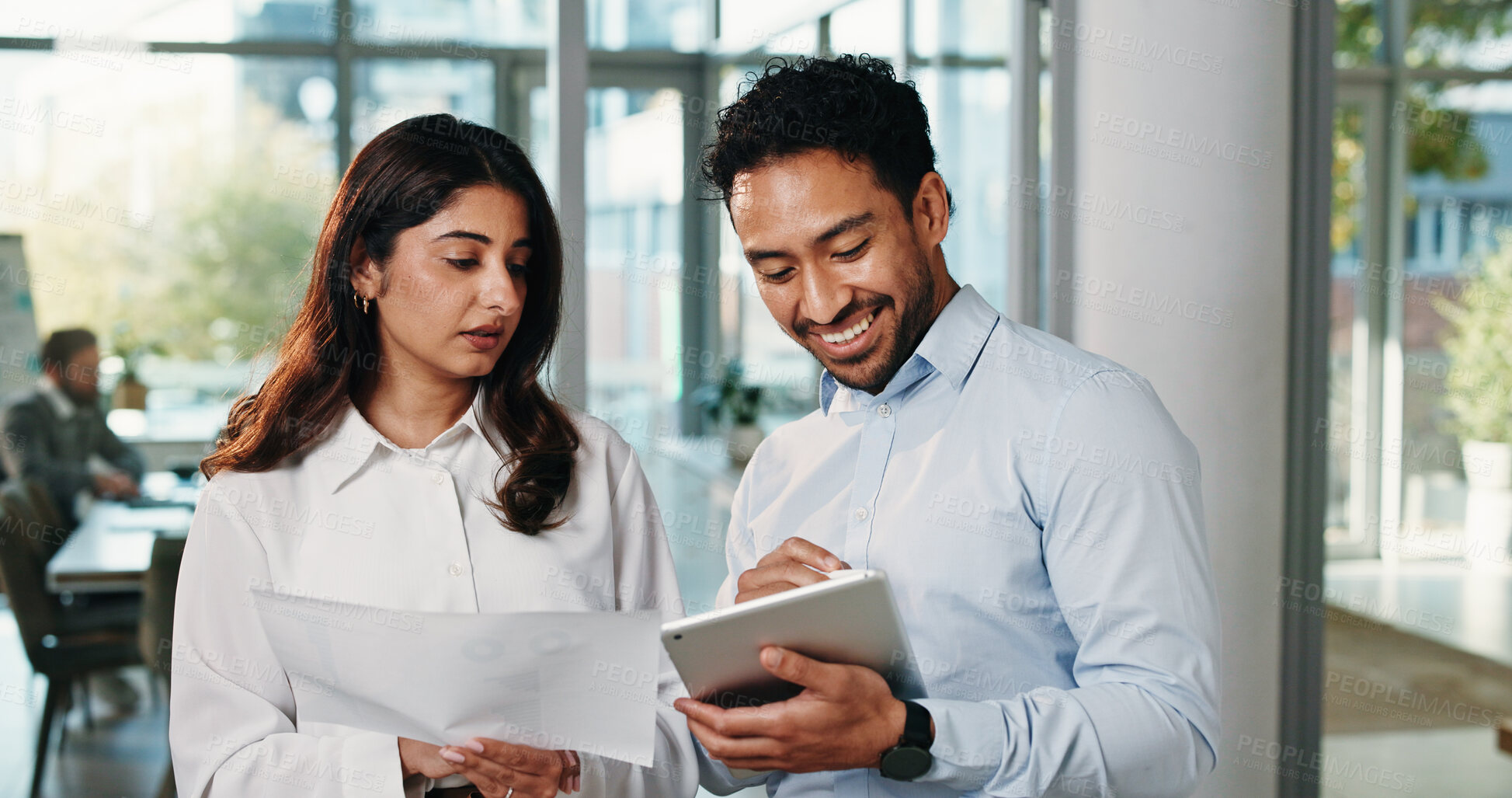 Buy stock photo People, reading and document with tablet in office for planning, finance report and budget review. Team, talk and digital with financial paperwork, payroll procedure and feedback for investment offer