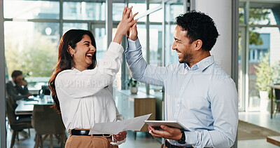 Buy stock photo Review, paper or team in office with high five, collaboration or investment opportunity in cost update. Success, graph or analyst in agency with tech, profit or revenue growth in budget report.