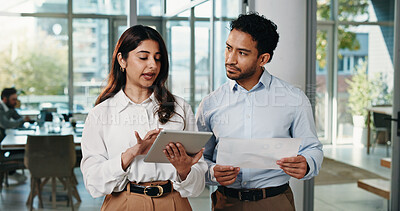 Buy stock photo People, meeting and document with tablet in office for planning, finance report and budget review. Team, talk and digital with financial paperwork, payroll procedure and feedback for investment offer