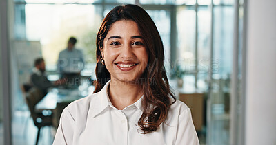 Buy stock photo Pride, happy and portrait of business woman in office for about us, confidence and brand manager. Professional, smile and campaign opportunity with person in marketing agency for creative startup