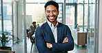 Arms crossed, creative and portrait of business man in office for about us, confidence and brand manager. Professional, smile and campaign opportunity with person in marketing agency for startup