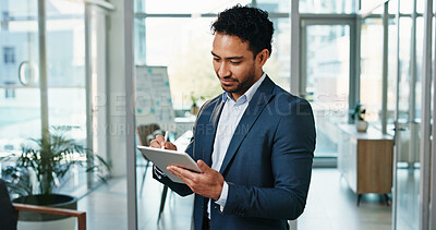 Buy stock photo Business, man and writing on tablet in office for funding request review, reading application or sign. Financial analyst, tech and stylus at work for investment deal, digital signature and agreement