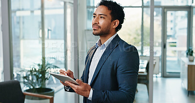 Buy stock photo Tablet, thinking and writing with business and office for agenda, corporate schedule or planning. App, pen and vision with professional employee in workplace for company management or research