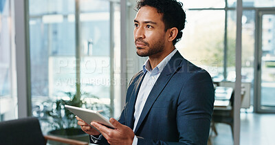 Buy stock photo Thinking, tablet and research with business man in office for vision, account report and planning. Portfolio manager, broker review and reflection with person in agency for risk assessment and app